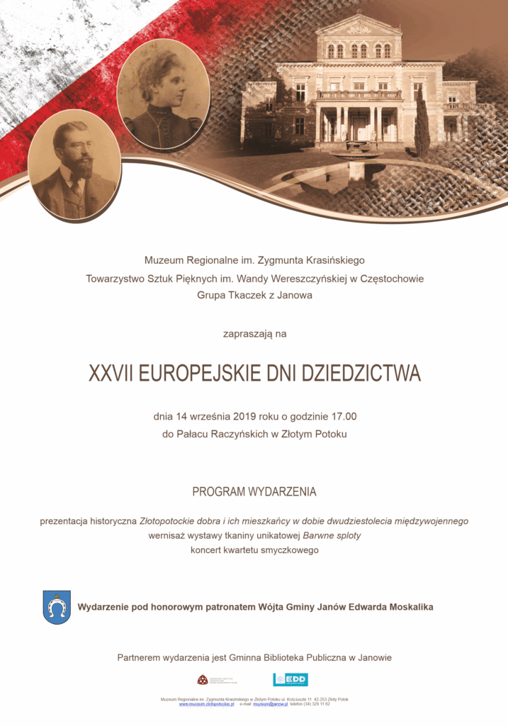 XXVII Europejskie Dni Dziedzictwa - obrazek na tle pałacu w Złotym Potoku Hr. Karol i Stefania Raczyńscy