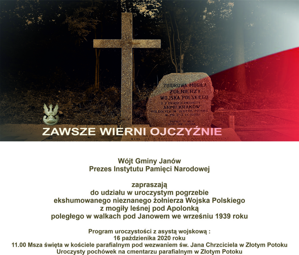 zaproszenie uroczystość pogrzebowa ekshumowanego nieznanego żołnierza WP poległego pod Apolonką we wrześniu 1939 roku